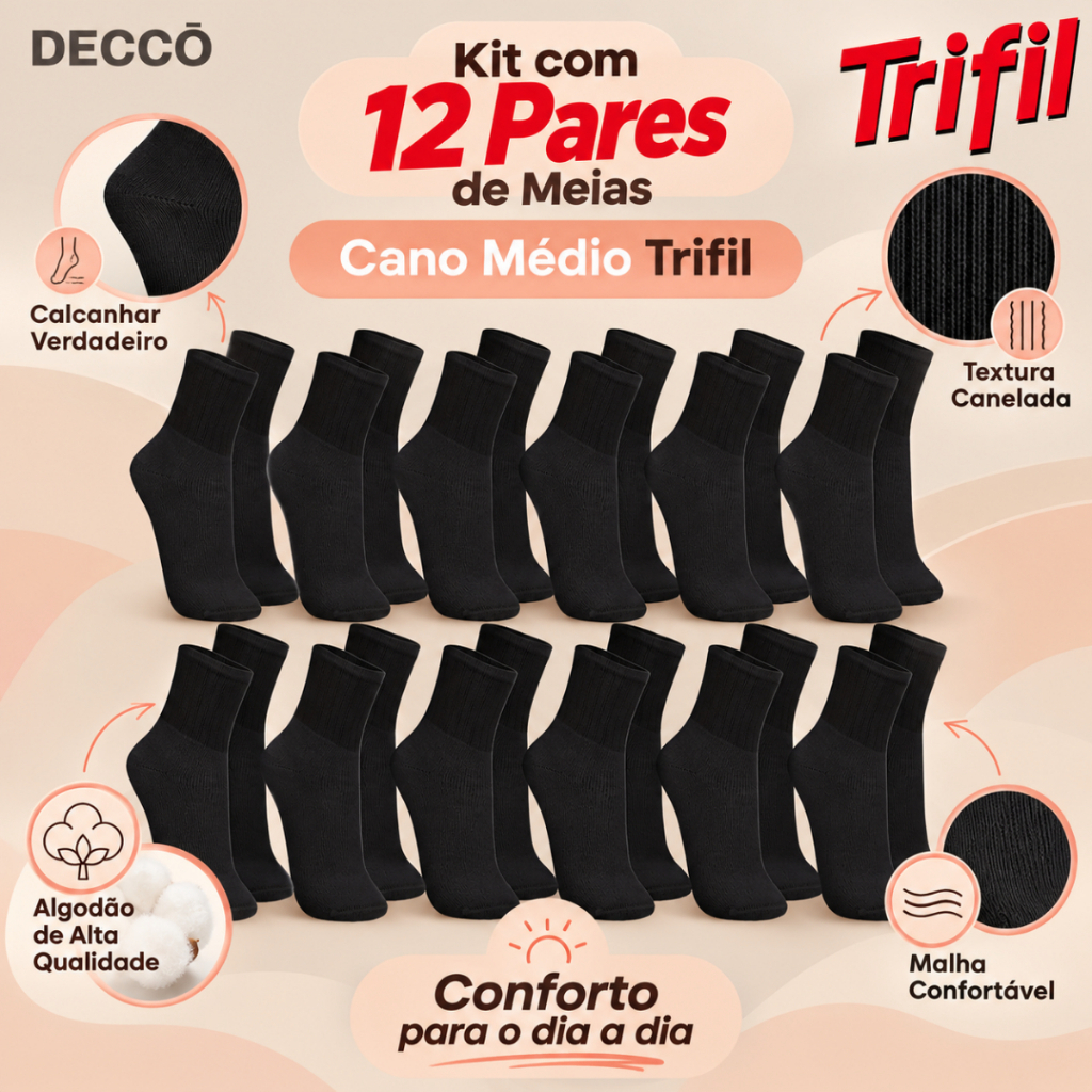 Kit com 12 Pares de Meias Trifil Sport Modelo Cano Médio Lisa Básica Esportiva Calcanhar Verdadeiro