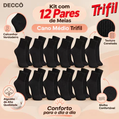 Kit com 12 Pares de Meias Trifil Sport Modelo Cano Médio Lisa Básica Esportiva Calcanhar Verdadeiro