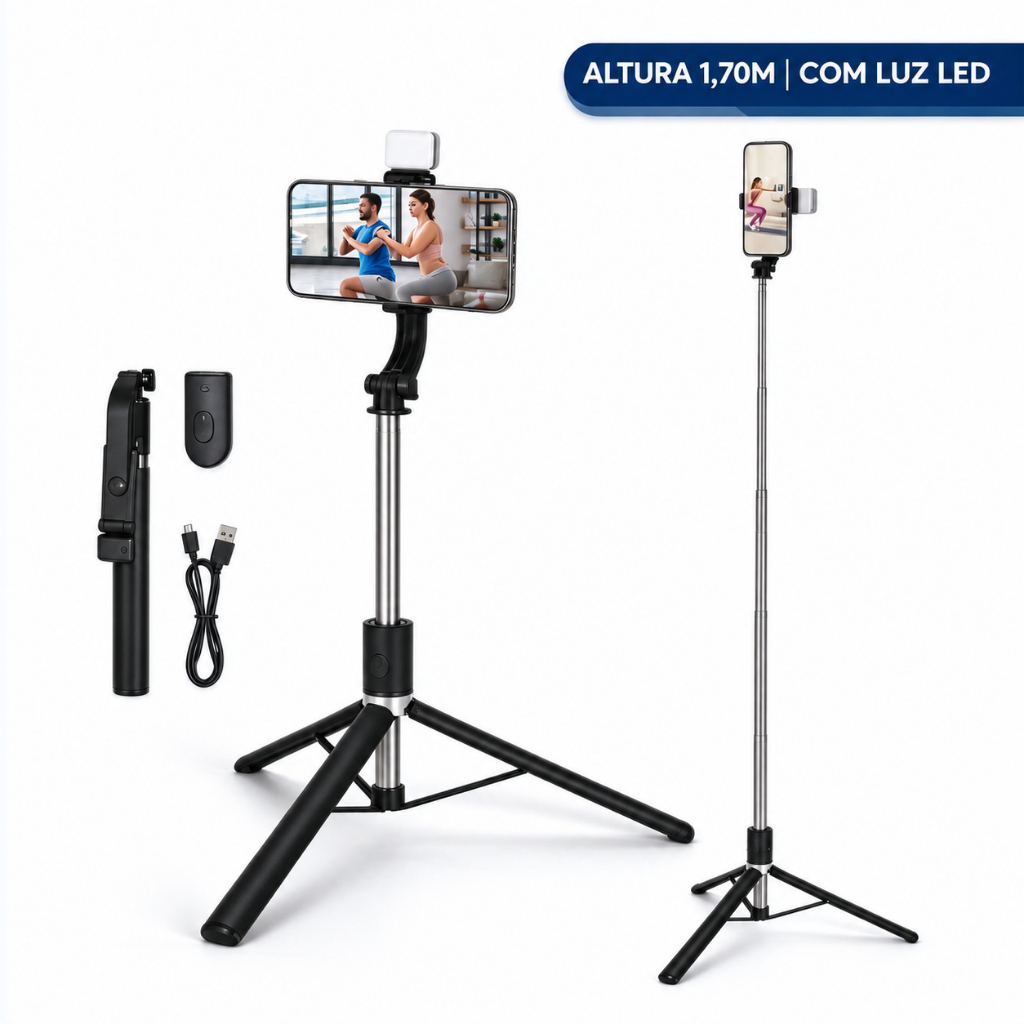 Tripé para Celular Bastão de Selfie Altura 1,70m com Luz LED Controle Bluetooth Estabilizador Portátil