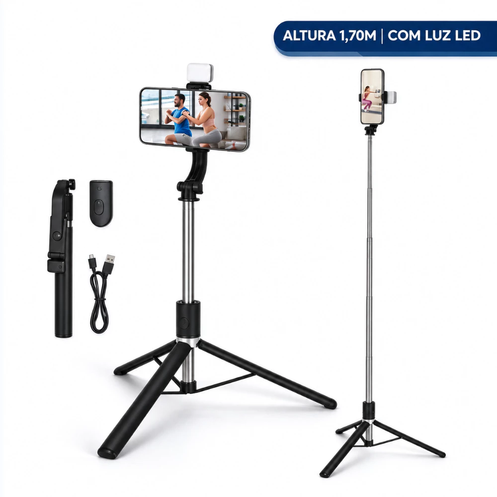 Tripé para Celular Bastão de Selfie Altura 1,70m com Luz LED Controle Bluetooth Estabilizador Portátil