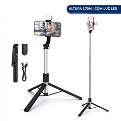 Tripé para Celular Bastão de Selfie Altura 1,70m com Luz LED Controle Bluetooth Estabilizador Portátil