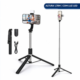 Tripé para Celular Bastão de Selfie Altura 1,70m com Luz LED Controle Bluetooth Estabilizador Portátil