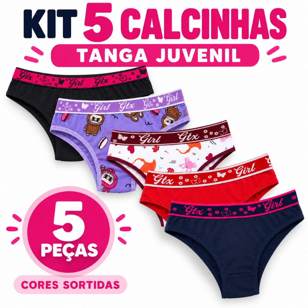 Kit 5 Calcinhas Tanga Juvenil Algodão Cotton Cós Elástico Confortável