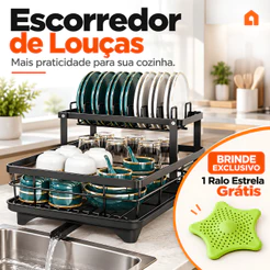 Escorredor de Louça Rack 2 Andares Pratos Copos Talheres Preto para Pia Cozinha com Bandeja