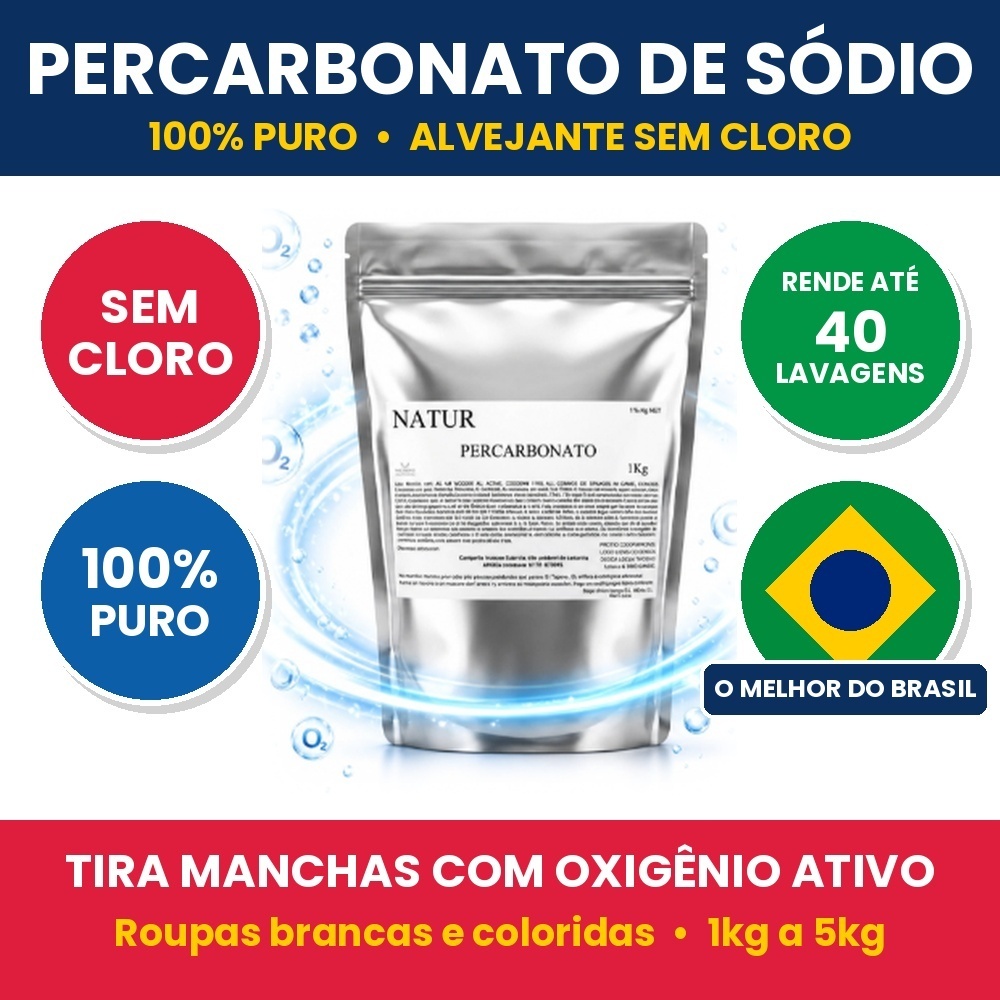 Percarbonato de Sódio 100% Puro Alvejante Sem Cloro Tira Manchas Oxigênio Ativo Roupa Branca e Colorida 1kg a 5kg