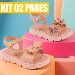 Kit 02 Pares de Sandália Rasteira Infantil Menina Laço Brilho Strass Confortável Leve Macia
