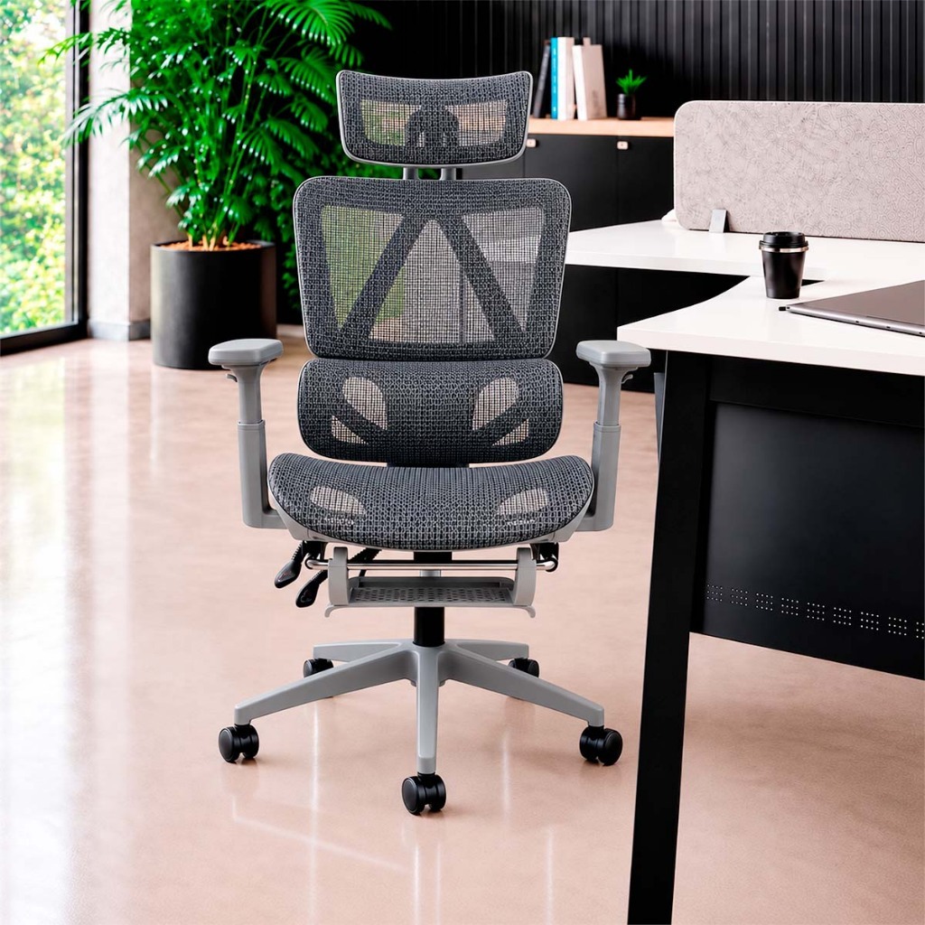 Cadeira Presidente Titan Ergonômica Reclinável Tela Mesh com Apoio para os Pés e Cabeça Cinza