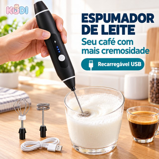 Mixer Elétrico Portátil Recarregável USB 3 Velocidades para Café Leite Ovos e Creme KODI