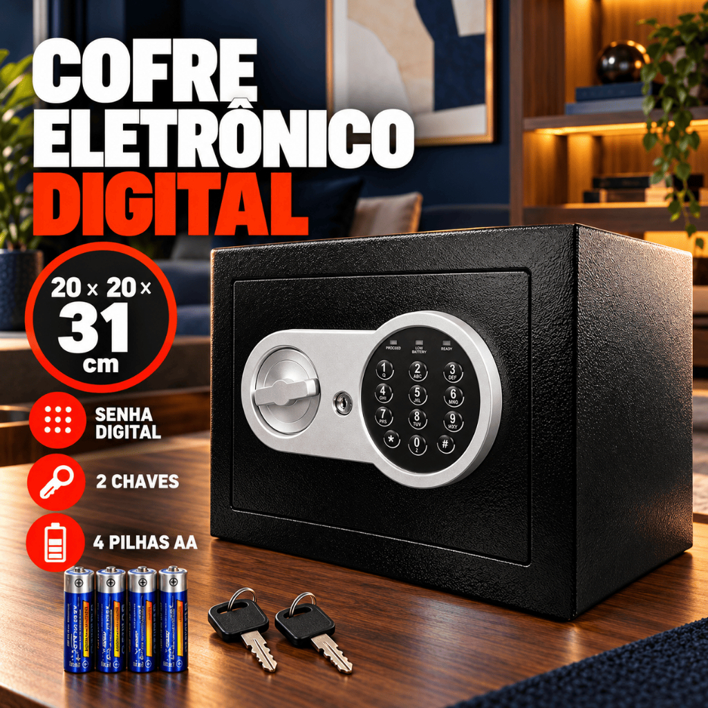 Cofre Eletrônico Digital Preto 20x31x20 cm com Senha e Chave, 2 Chaves, 4 Pilhas AA, Manual e Carpete - ENVIO IMEDIATO