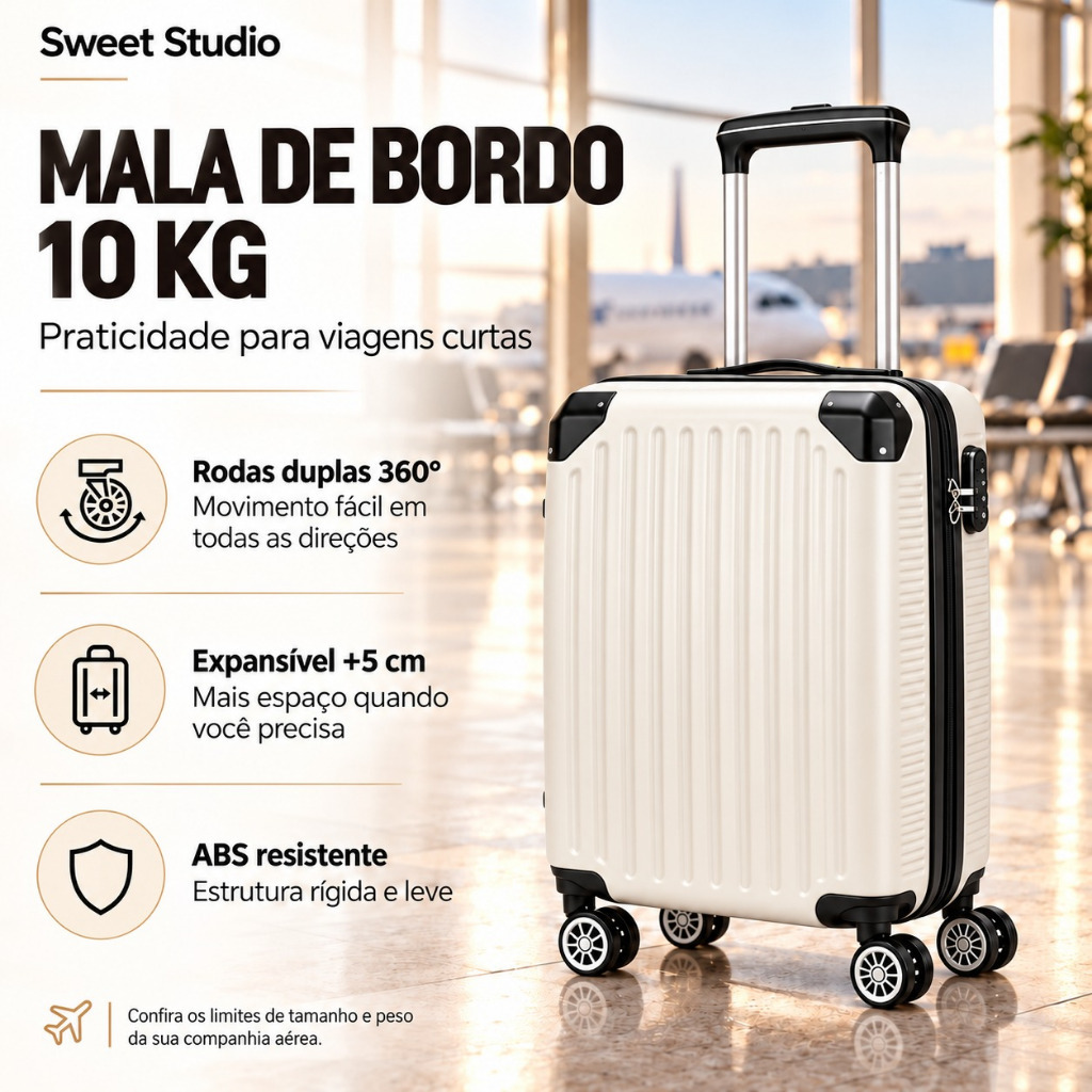 Mala De Viagem ABS Zíper Extensível Rodas 360 Removíveis Bordo Pequena Media 10KG 8KG 18KG