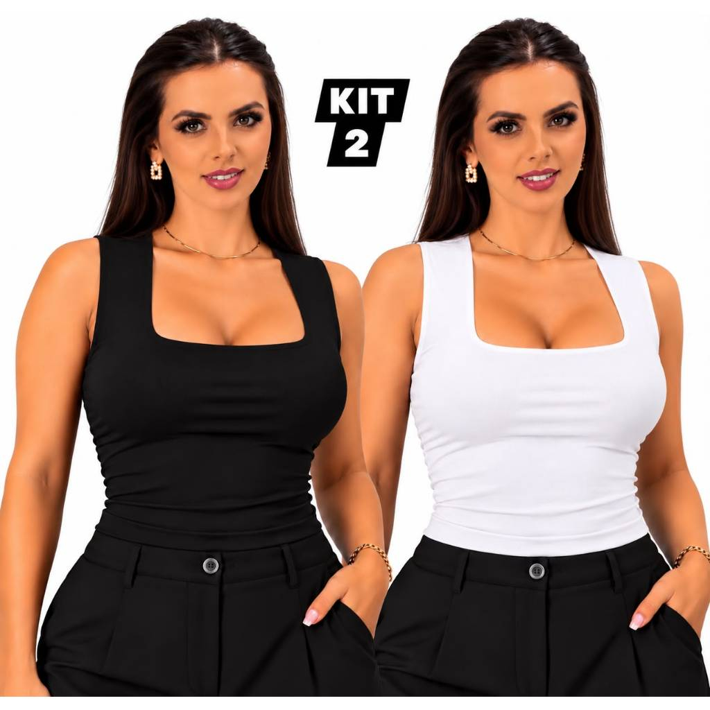 Kit 2 Regata Decote Quadrado Feminina Suplex Básica Blusinha Verão