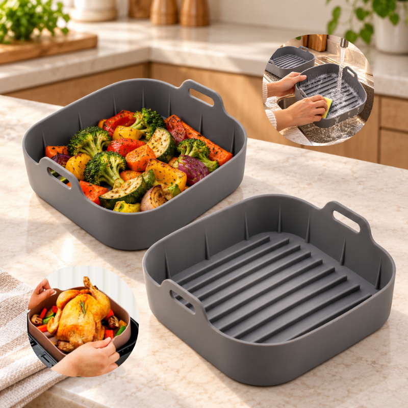 Imagem Kit 2 Formas de Silicone Quadrada 20x20cm Assadeira Air Fryer e Forno Forma para Fritadeira Elétrica com Alça
