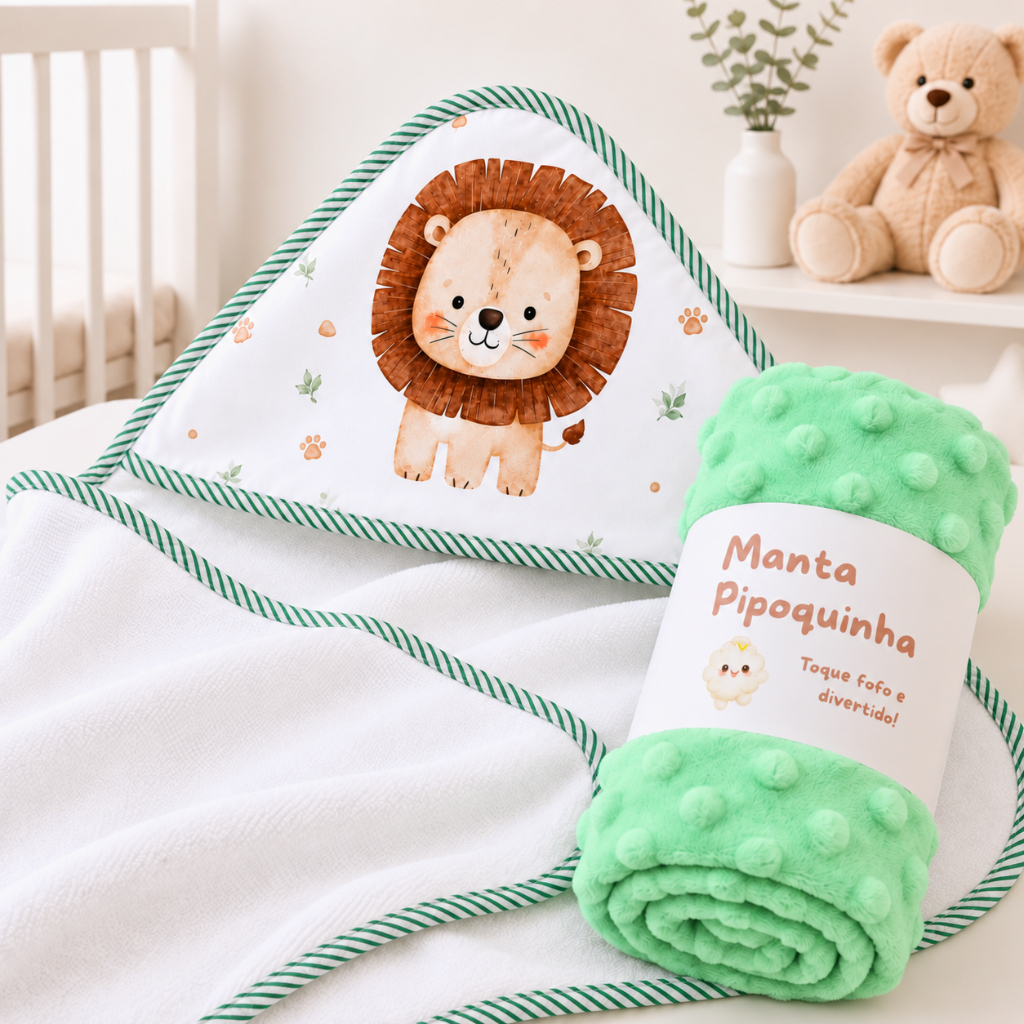 Kit Bebê 2 Peças Manta e Toalha de Banho com Capuz Enxoval Maternidade Menino Menina