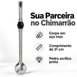 Bomba de Chimarrão Aço Inox Pedra Acrilica Preta 23cm