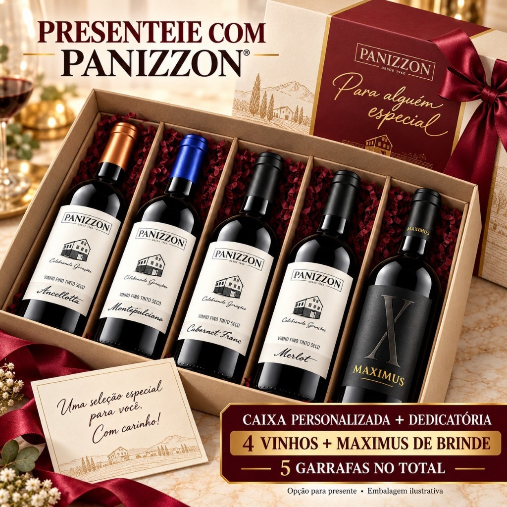 Kit Panizzon 4 Vinhos Finos Tintos Secos 750 ml + Maximus de Brinde 750 ml Presente