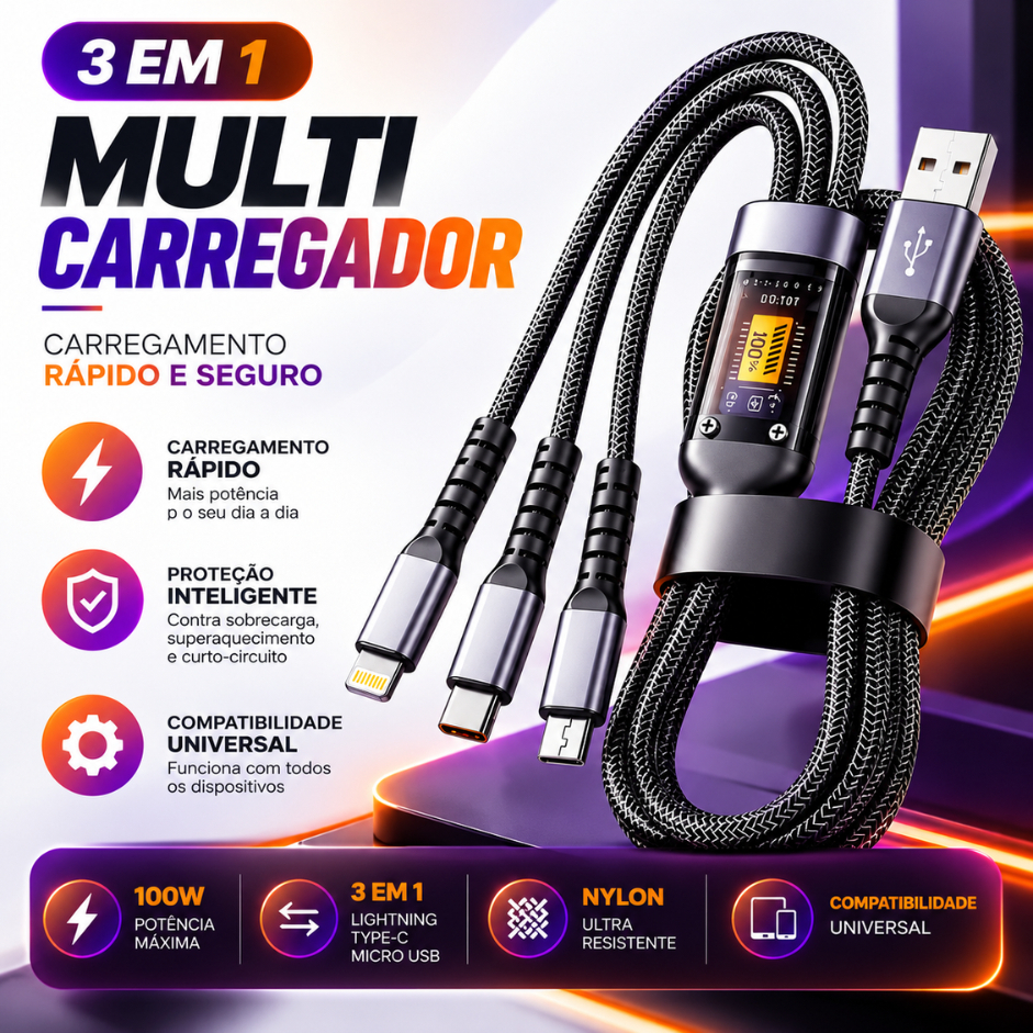 Cabo Carregador 3 em 1 Rápido 100W Turbo iPhone Android Tipo C