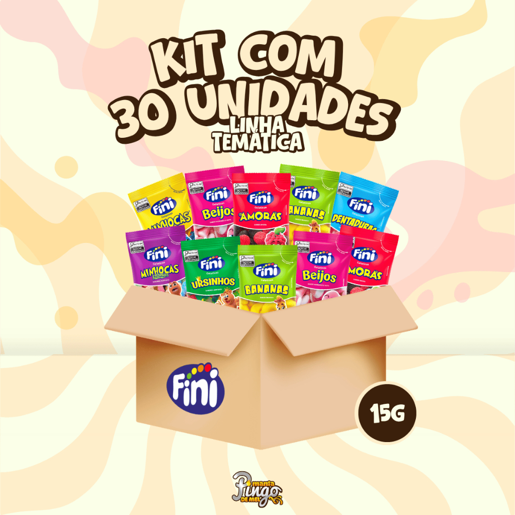 Kit 30UN Temáticos Balas Fini Gelatinas Balas Doces e Cítricas de 15g Cada