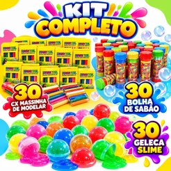 Kit 30 Caixas Massinha De Modelar + 30 Bolha De Sabão + 30 Geleca Slime + Lembrancinha Festa Prenda