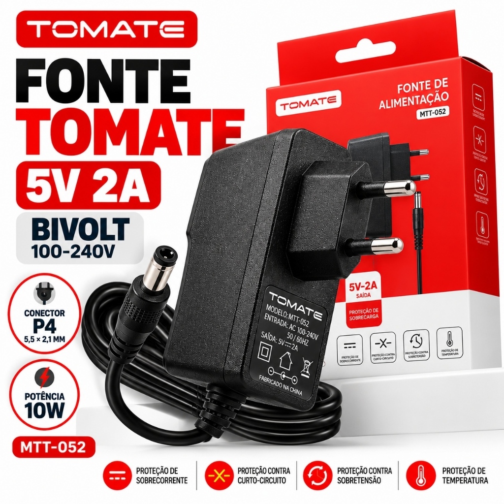 Fonte 5V 2A Bivolt Tomate MTT-052 Conector P4 5,5x2,1mm para TV Box Roteador