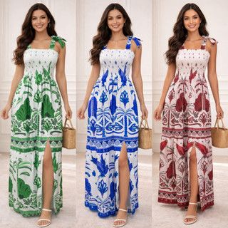 Vestido Longo Alça De Amarrar Ajustavel Estampa Tropical com Lastex Fenda Tamanho Único, Moda Verão