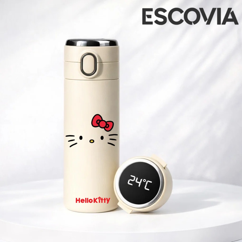 Garrafa Térmica Aço Inoxidavel Parede Dupla Sanrio Hellow Kitty com Termômetro Digital 420ml