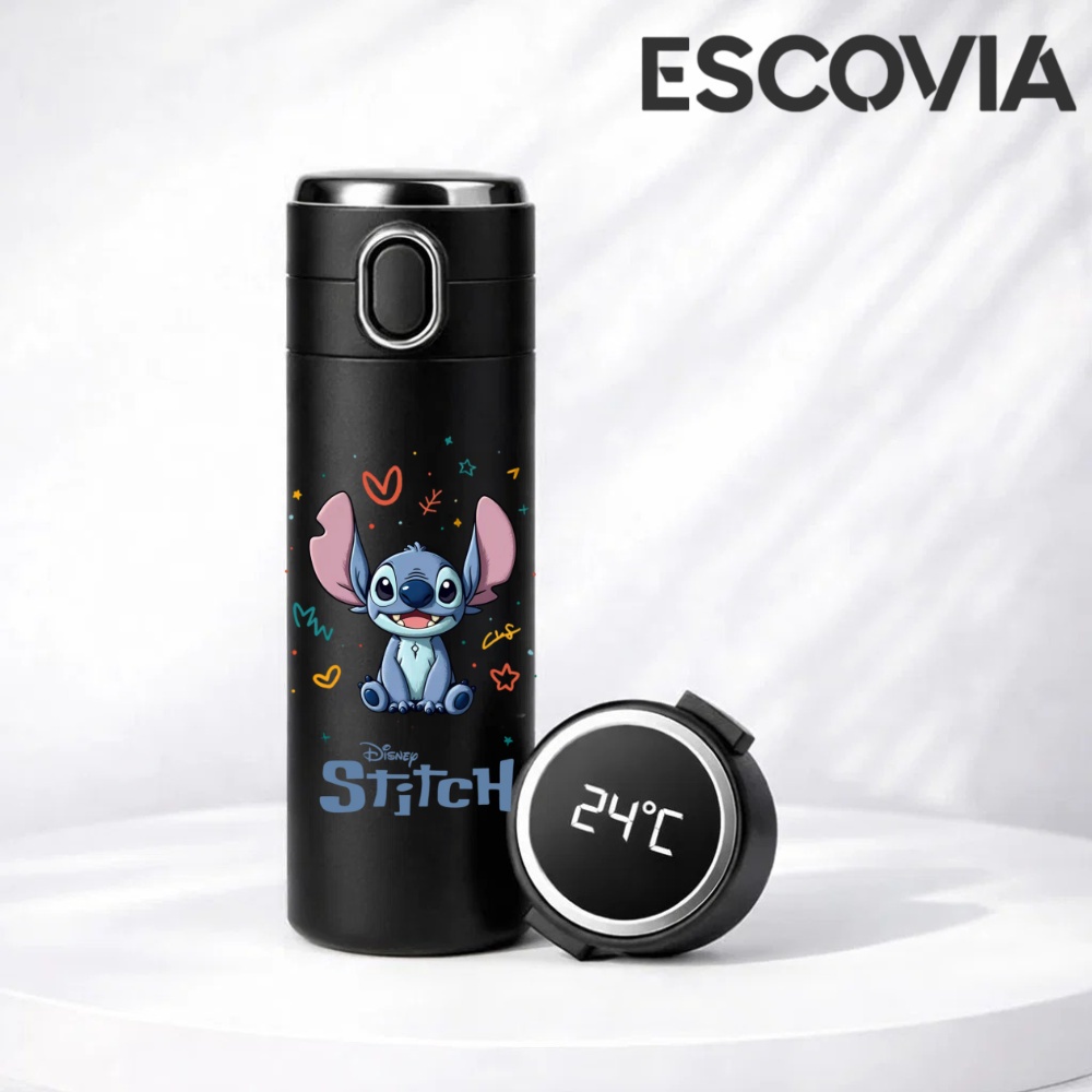 Garrafa Térmica Aço Inoxidavel Parede Dupla Disney Stitch Rosto sorridente com Termômetro Digital 420ml em Oferta na Shopee