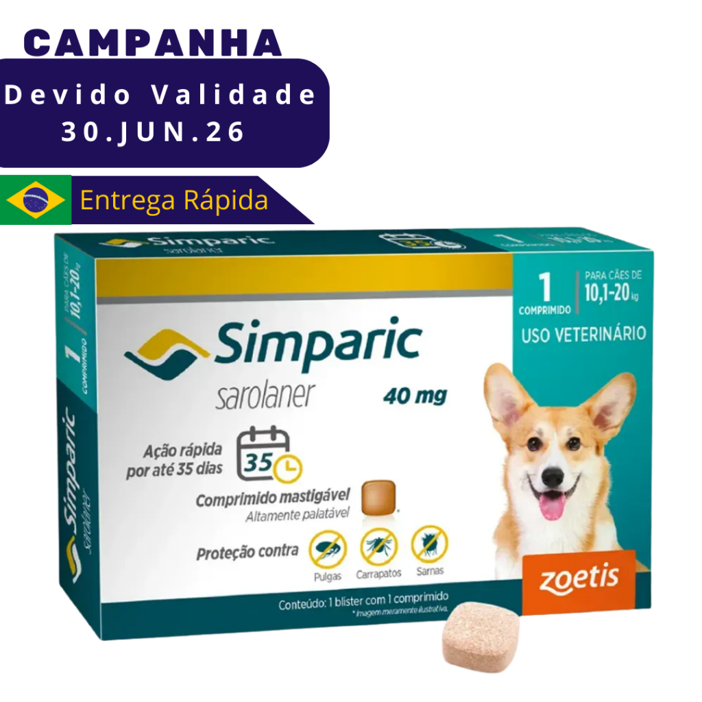 Simparic para Cães de 10,1 a 20 Kg (40 mg) - Caixa com 1 Comprimido VENC JUN26 em Oferta na Shopee