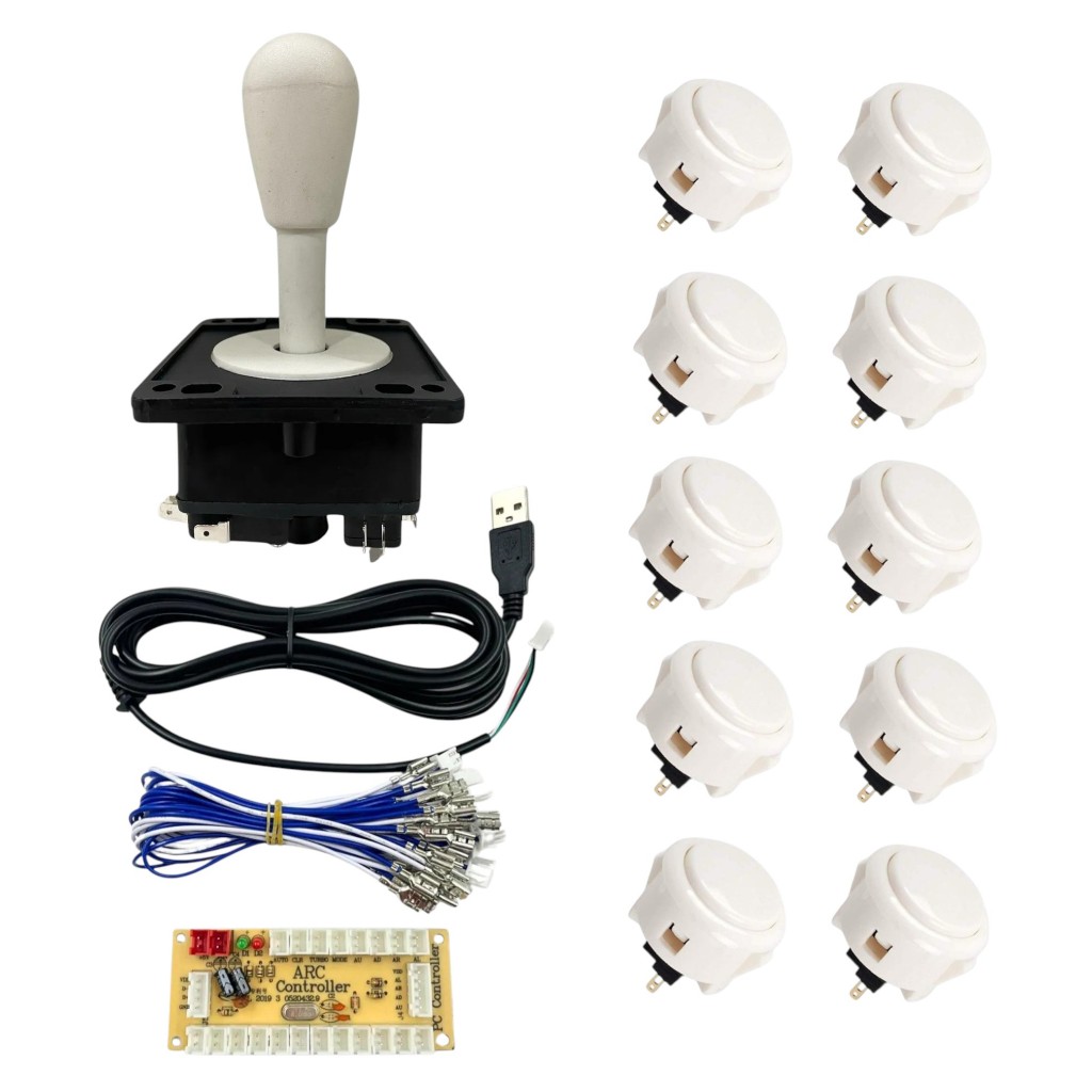 Kit 1 Comando e 10 Botões Branco Tipo Sanwa 30mm Para Fliperama Arcade + 1 Placa Zero Delay