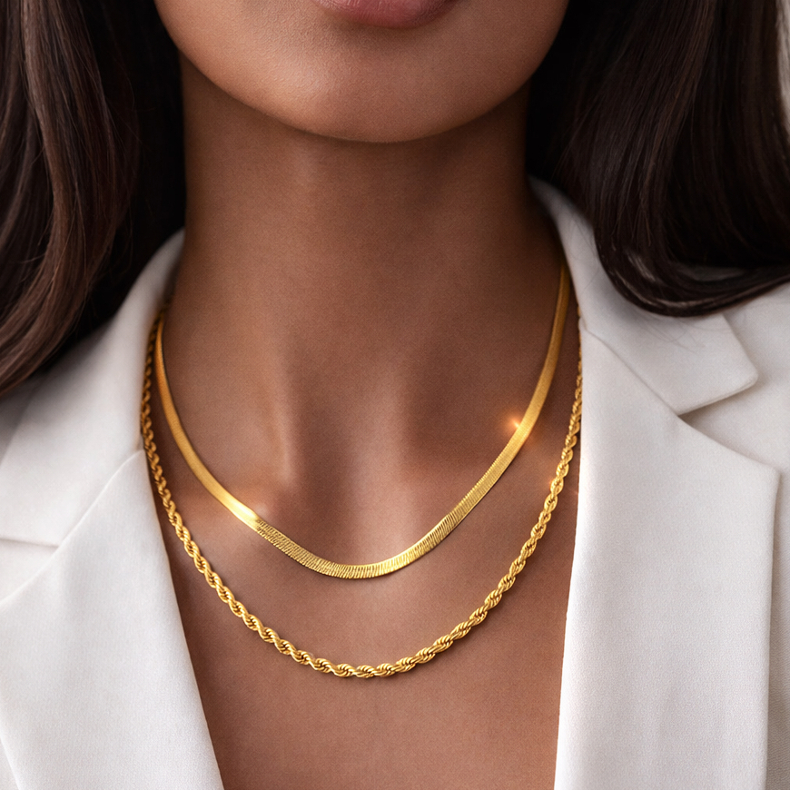 Conjunto Colar Feminino Cordão Baiano + Fita Laminada Dourado Aço Inoxidável Antialérgico
