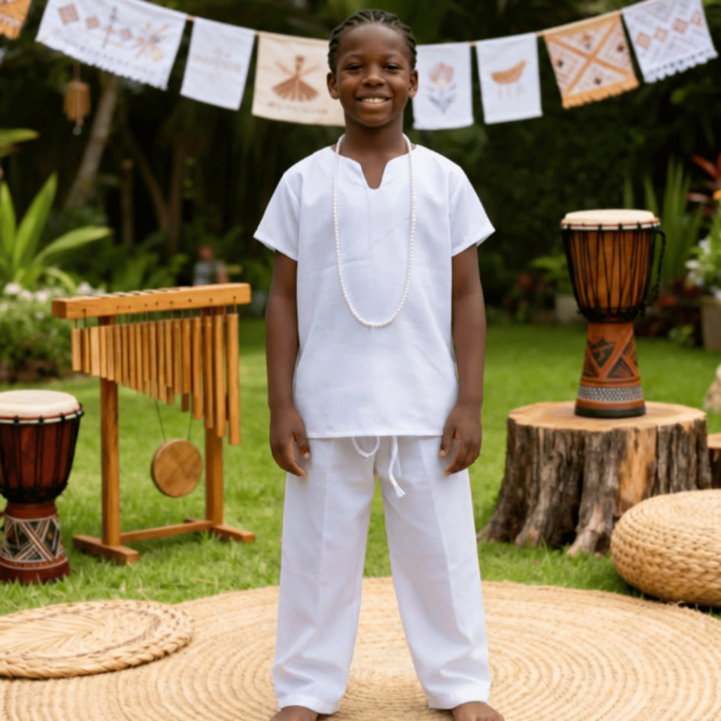 Conjunto Infantil Branca Menino Raçao Candomblé Umbanda Masculino 2- Peças Bata e Calça Luxo Premium em Oferta na Shopee
