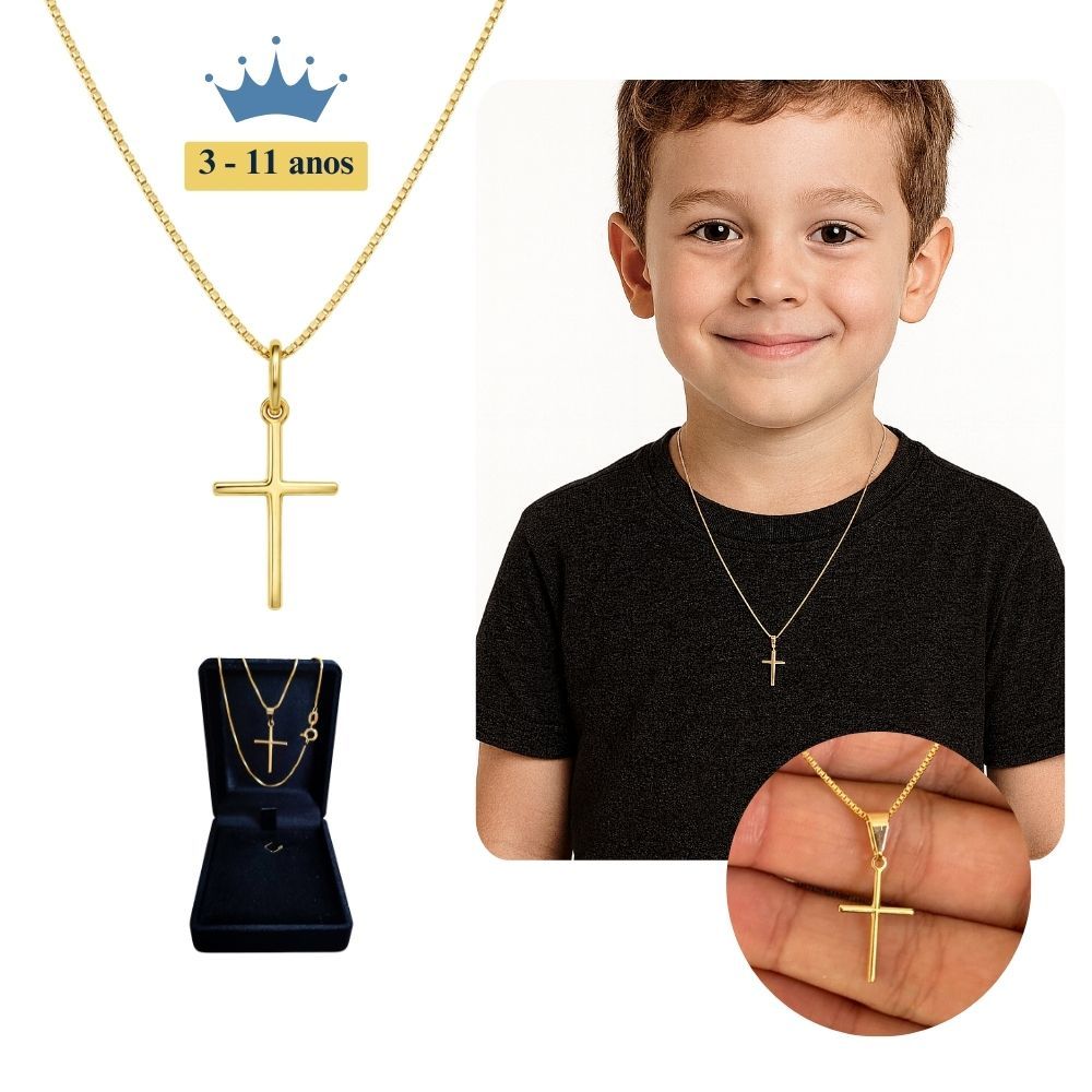 Correntinha Infantil Masculino Banhado A Ouro 18k + Pingente Cruz Palito
