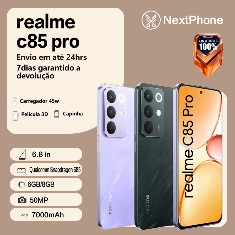 Celular Realme C85 Pro 4G, Bateria 7000mAh, Tela AMOLED 6.8", Câmera 50MP, Versão Global Original