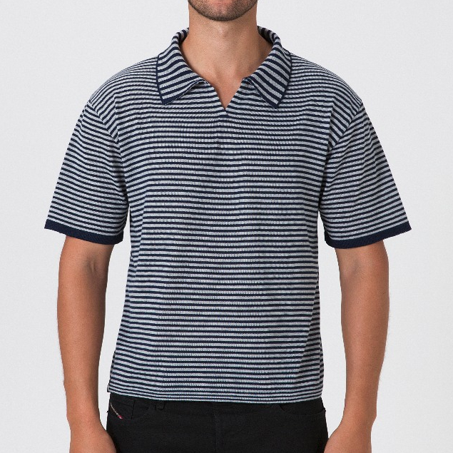 Camisa Polo Tricô Premium Manga Curta Sem Botões Primavera Verão Gola Listrada Listras