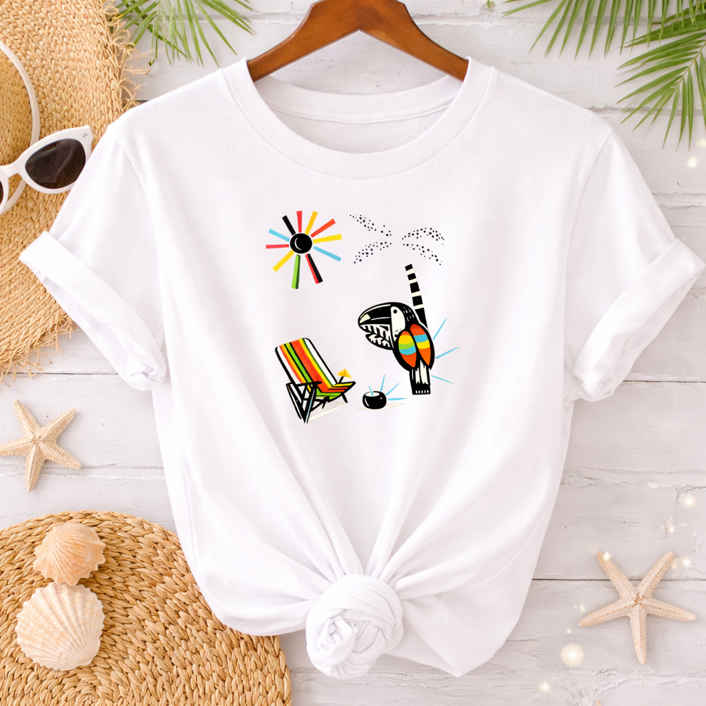 Camiseta Unissex Tucano Tropical Praia Verão Estampada Camiseta Branca Casual Aesthetic Confortável
