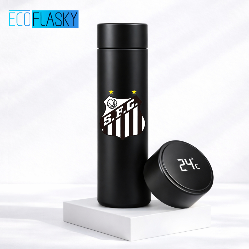 Garrafa Térmica de Aço Inoxidavel Santos FC Time de Futebol com Medidor De Temperatura Digital 500ml