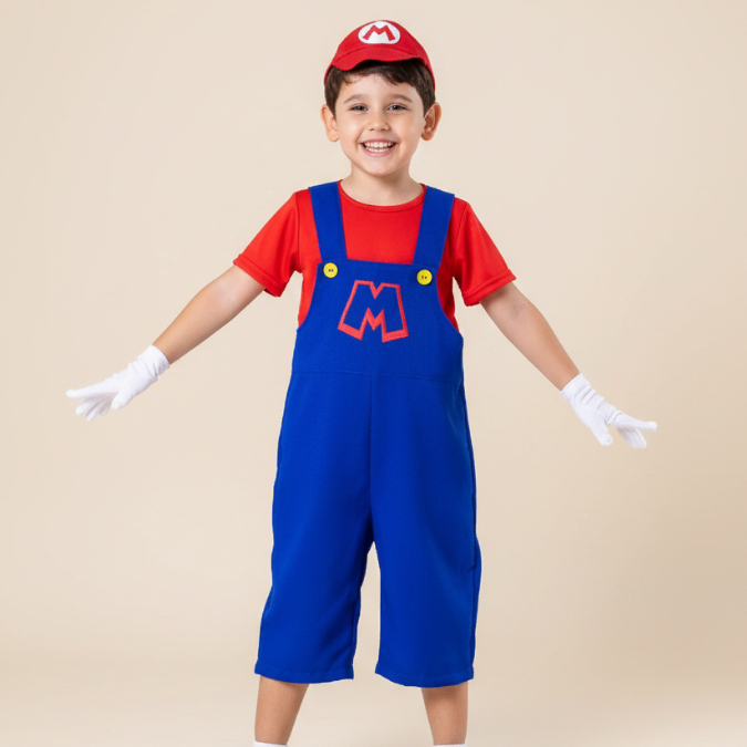 Fantasia Infantil Mario Bros Encanador Clássico | Fantasia Temática Menino | Conjunto com Macacão e Boina