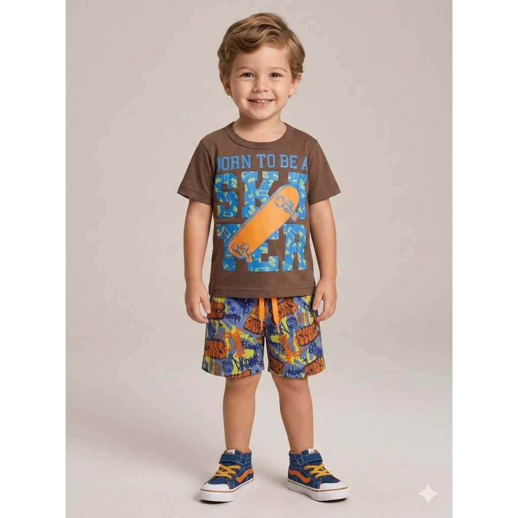 Conjunto Infantil Skater Camiseta Estampada Bermuda Menino Verão