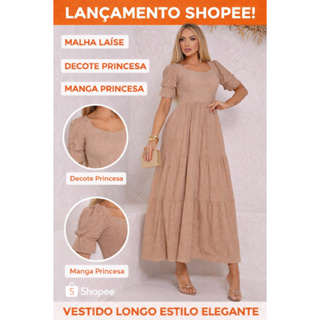 Vestido Longo Três Marias Feminino Malha Laise Midi Manga Bufante Forro no Busto e Saia, Cores Candy em Oferta na Shopee