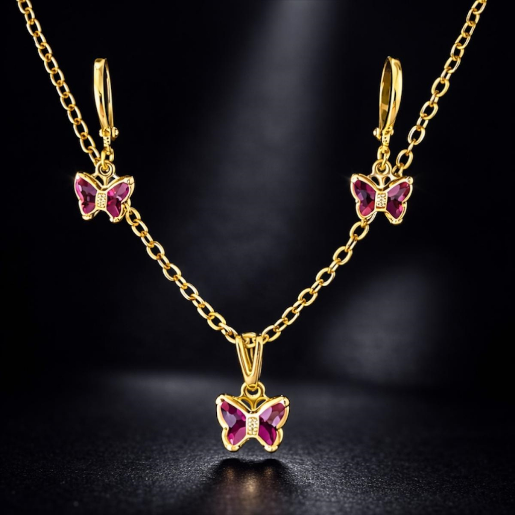 Conjunto Infantil Antialérgico Colar e Brinco Borboletas Rosa No Ouro 18k e Prata 925, Kit Infantil.
