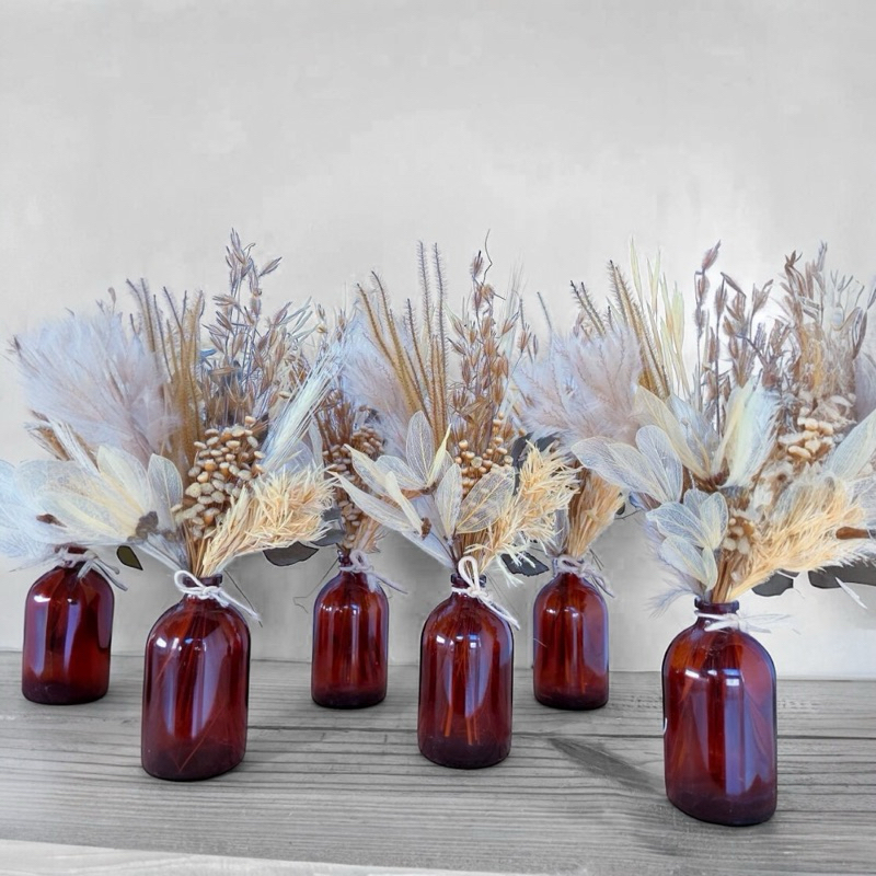 10 Arranjo flores desidratadas tons neutros/pluma(cores) + Frasco âmbar vidro 100ml decoração, eventos, lembrancinha