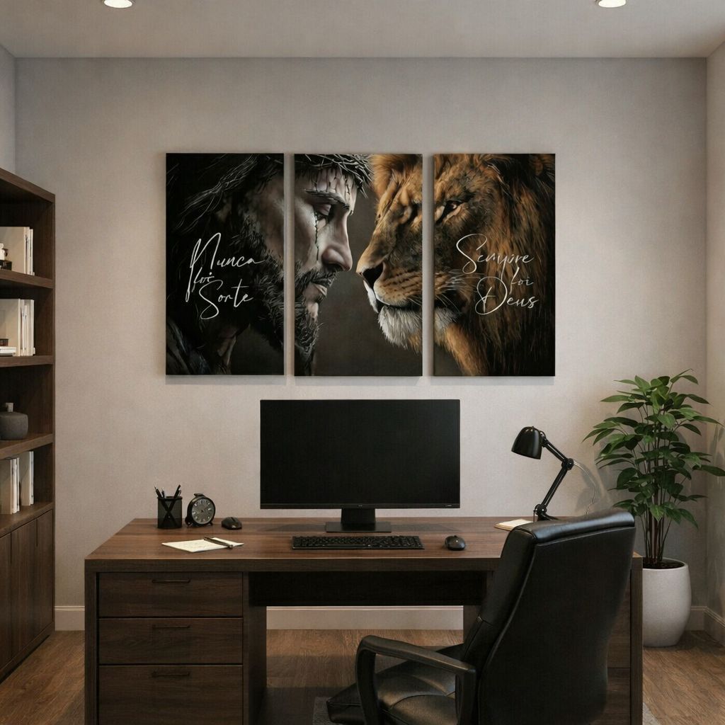Kit 3 Quadros Nunca Foi Sorte Sempre Foi Deus Leão de Judá Decorativo Religioso Sala Tv Quarto