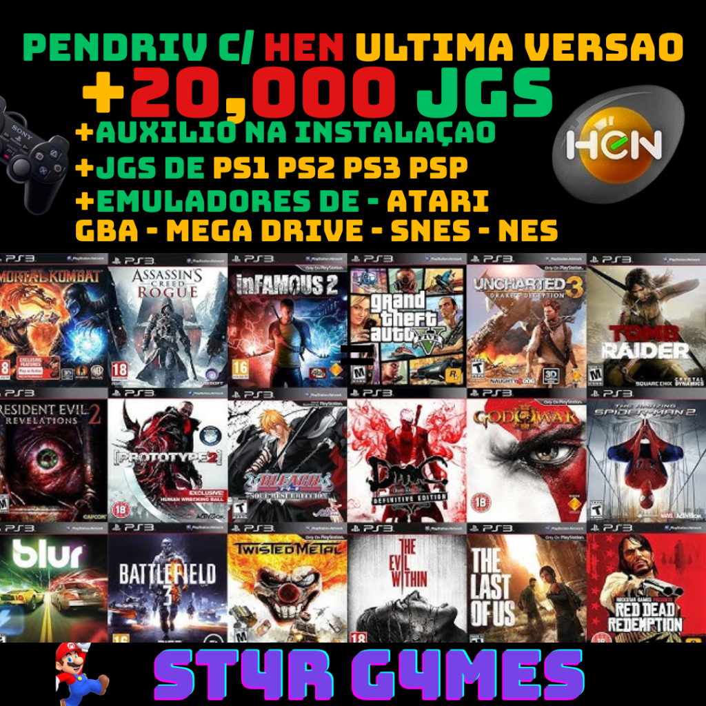 PENDRIV C/ DESBLOQUEIO PS3 HEN + 20,000 JGS + EMULADORES + TUTORIAL
