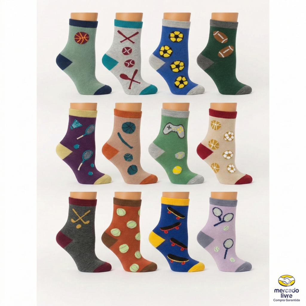 Kit 12 Pares de Meia Infantil e Juvenil Masculina 0 a 12 Anos - Oferta Imperdível