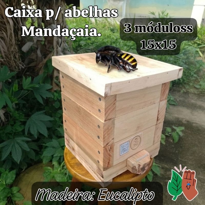 Caixa para abelha Mandaçaia modelo INPA 15x15, com 3 modulos feito c/eucalipto