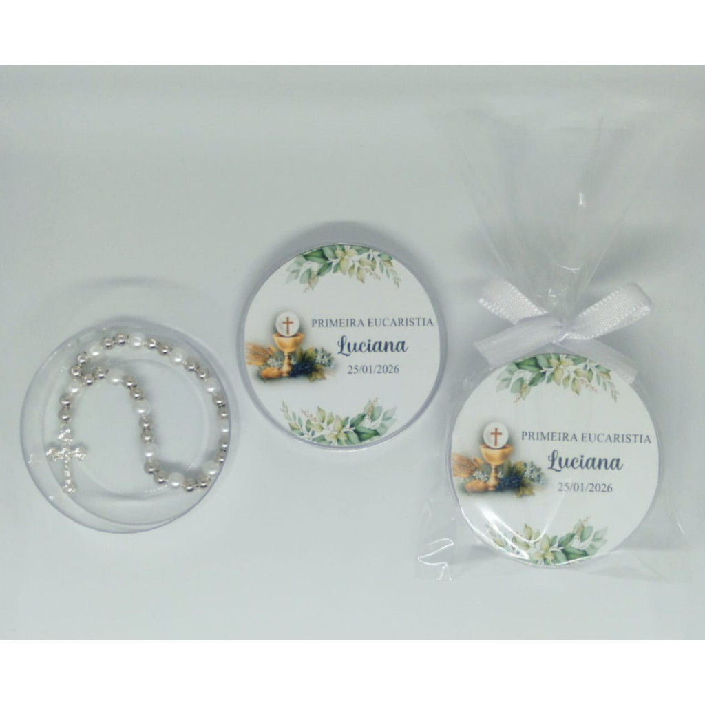 Lembrancinha Latinha com Mini Terço Primeira Eucaristia / Comunhão Kit com 10 unidades