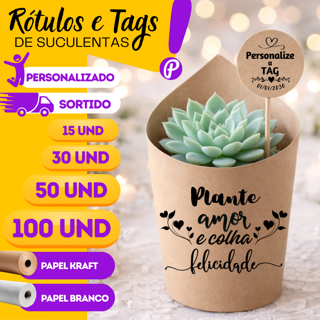 Kit Rótulo + Tag Suculenta Personalizada Kraft ou Branco - Lembrancinha Casamento, Batizado e Eventos (15, 20, 50 e 120)