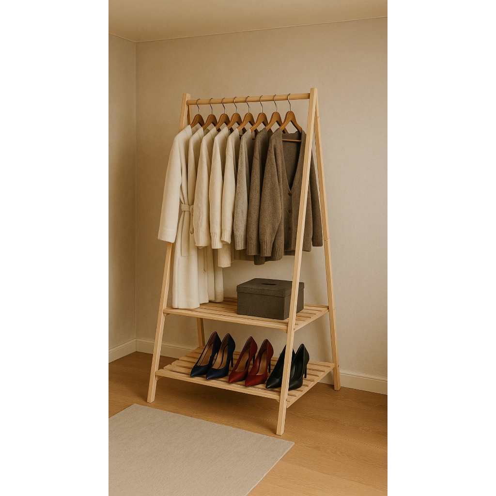 Arara de Roupas Dobrável em Madeira com Prateleiras Cabideiro Portátil para Quarto Closet Lavanderia