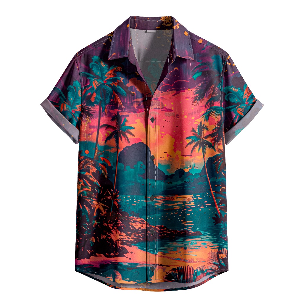 Camisa De Botão Tropical Noite Coqueiros Praia Estilo Pintura [Ref-128]