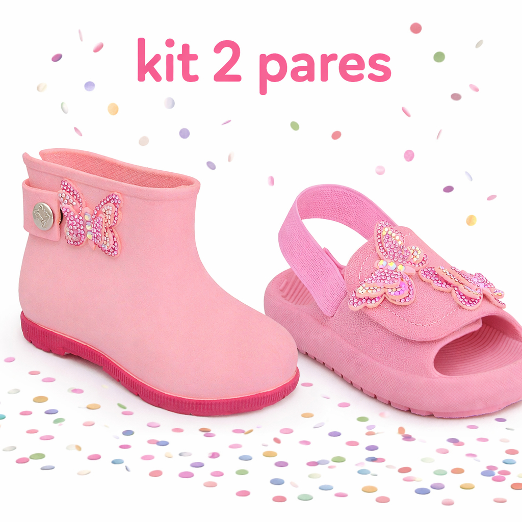 Kit 2 Pares bota galocha e sandália infantil feminina elástico borboleta 3D strass luxo lançamento