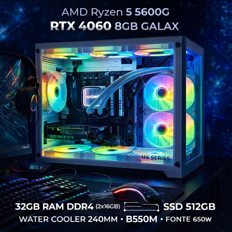 PC Gamer RTX 4060 8GB + Ryzen 5 5600G | 32GB RAM | SSD 512GB | Water Cooler 240mm ARGB | Setup RGB